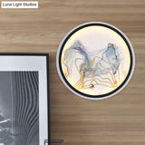 Chinese Style Watercolour Mountain/Fish Led Wall Mount In White For Bedroom Décor