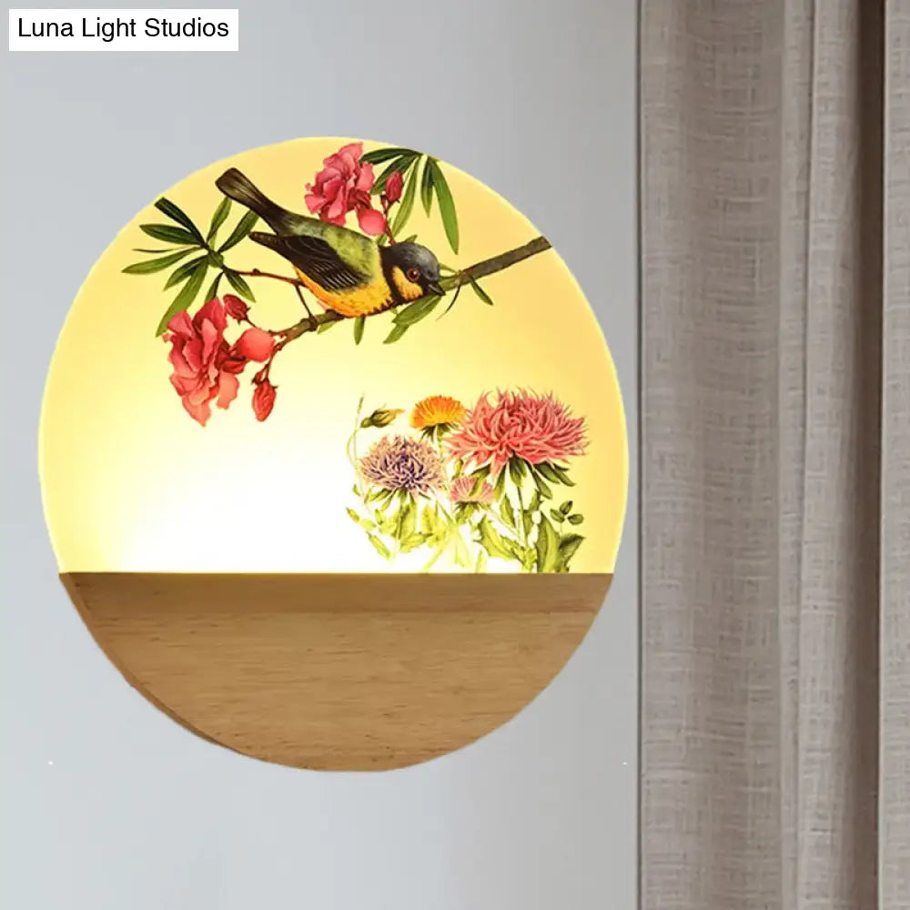 Chinese Style Wood Round Bird And Tree Led Acrylic Wall Light - Ideal Bedside Lighting