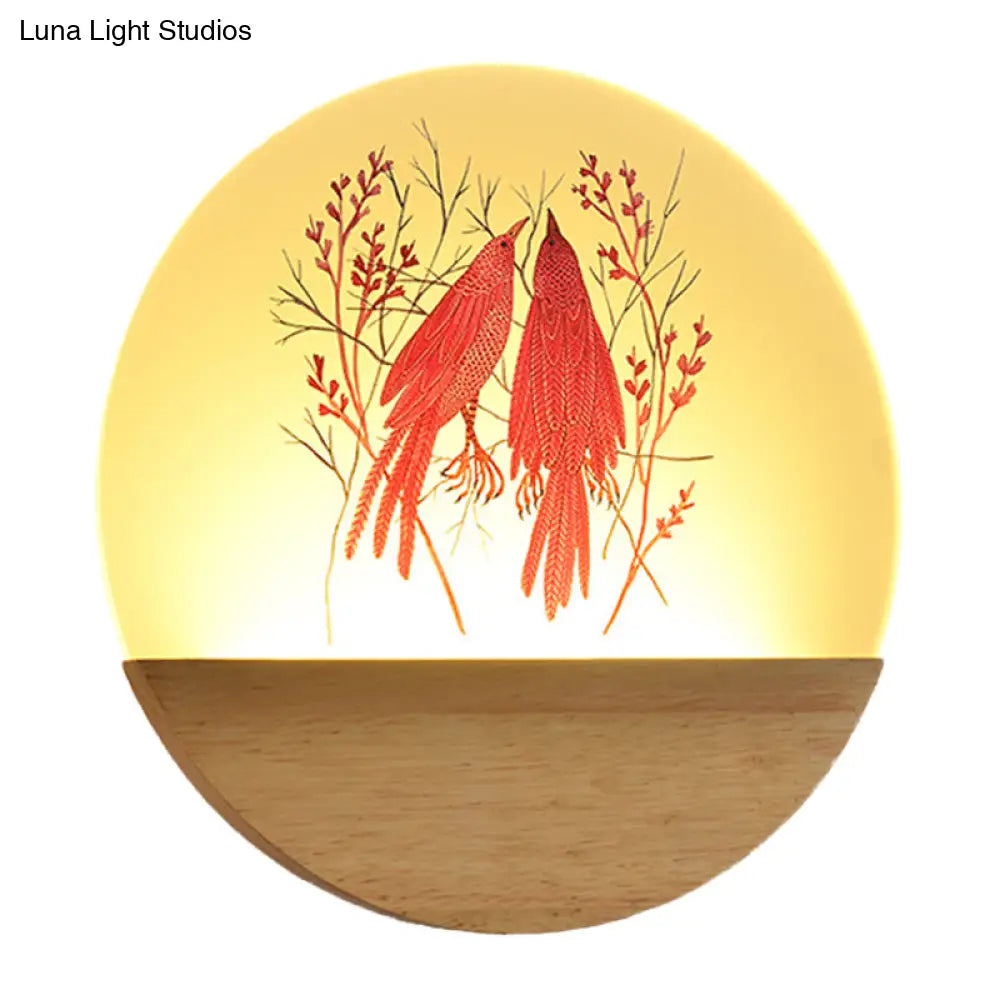 Chinese Style Wood Round Bird And Tree Led Acrylic Wall Light - Ideal Bedside Lighting