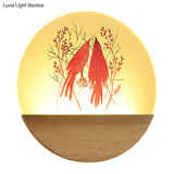 Chinese Style Wood Round Bird And Tree Led Acrylic Wall Light - Ideal Bedside Lighting