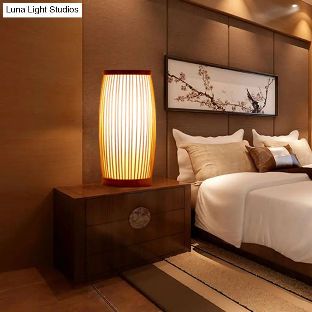 Chinese Wood Desk Lamp With Bamboo Shade - Living Room Task Lighting
