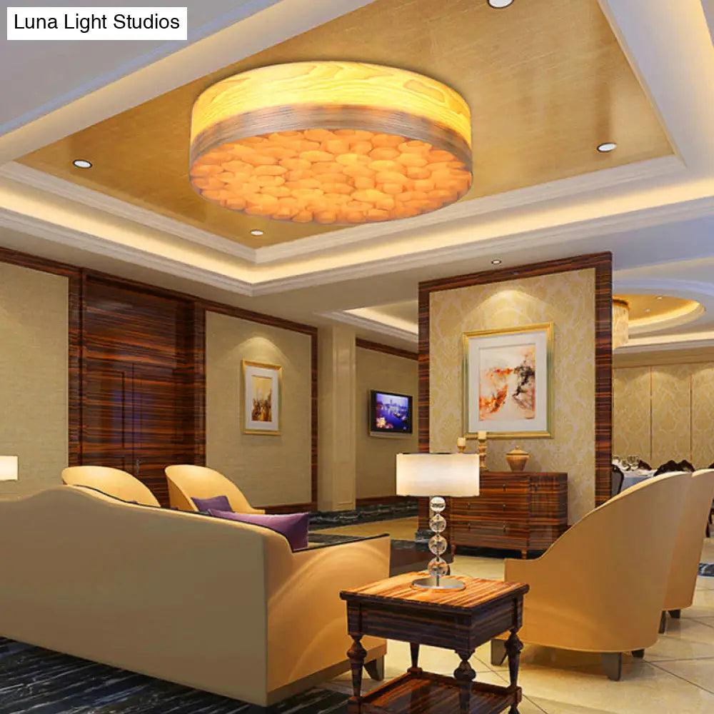 Chinese Wood Shade Beige Ceiling Lamp: Contemporary Single Light Flush Mount Fixture For Living Room