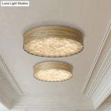 Chinese Wood Shade Beige Ceiling Lamp: Contemporary Single Light Flush Mount Fixture For Living Room