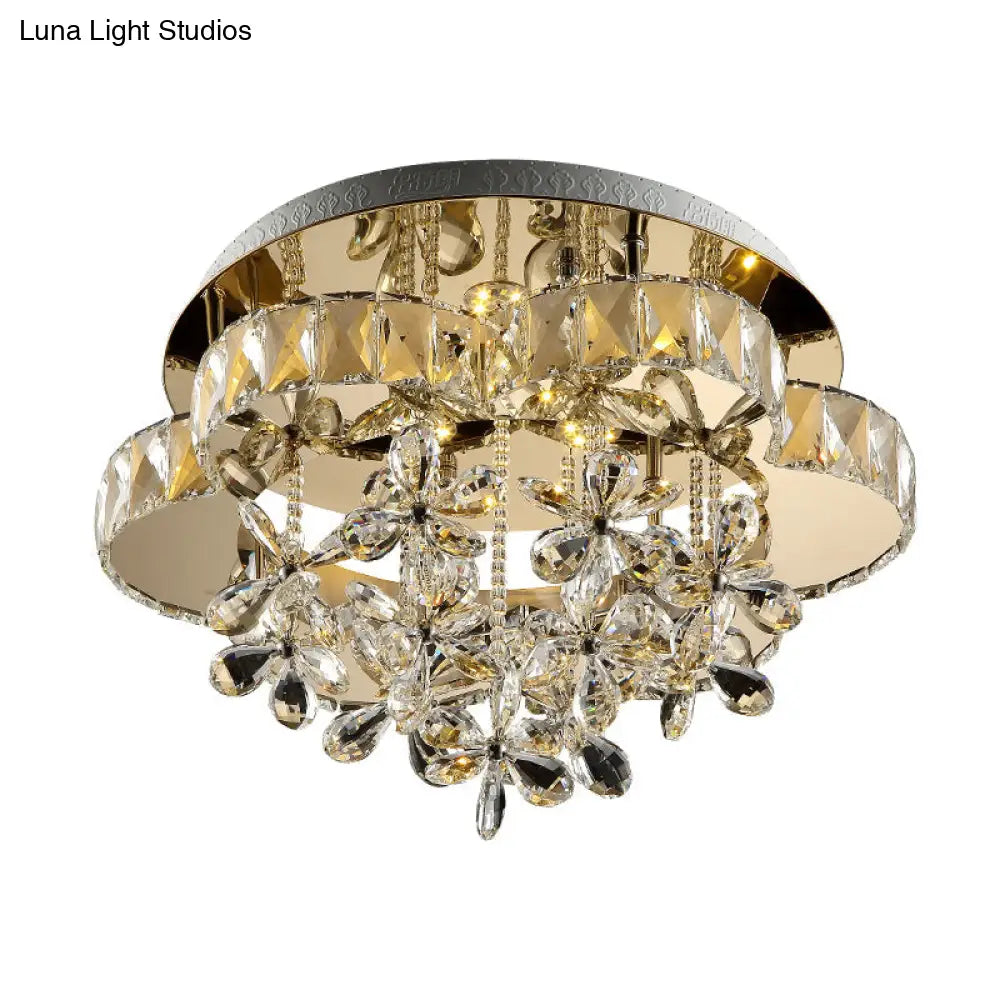 Chrome Blossom Modernist Led Semi Flush Ceiling Lamp With Crystal Shade