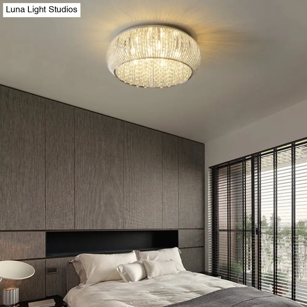 Chrome Drum Crystal Flush Mount Ceiling Light Fixture - Minimalist Design 8 Heads Beaded