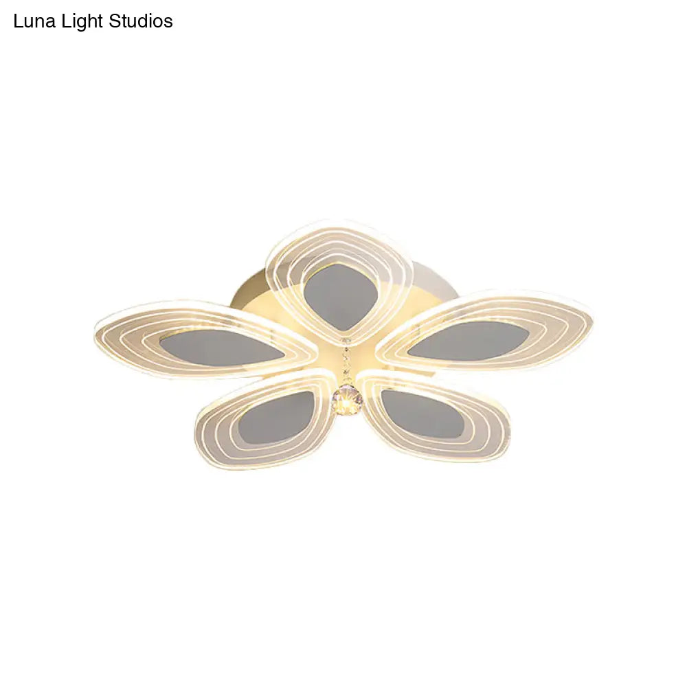 Chrome Led Floral Petal Ceiling Flush Light With Crystal Droplet