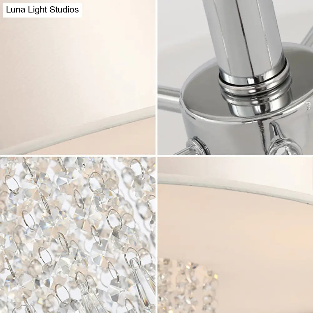 Chrome Modern Drum Ceiling Light With Crystal Bead Accents - 5 Fabric Lights