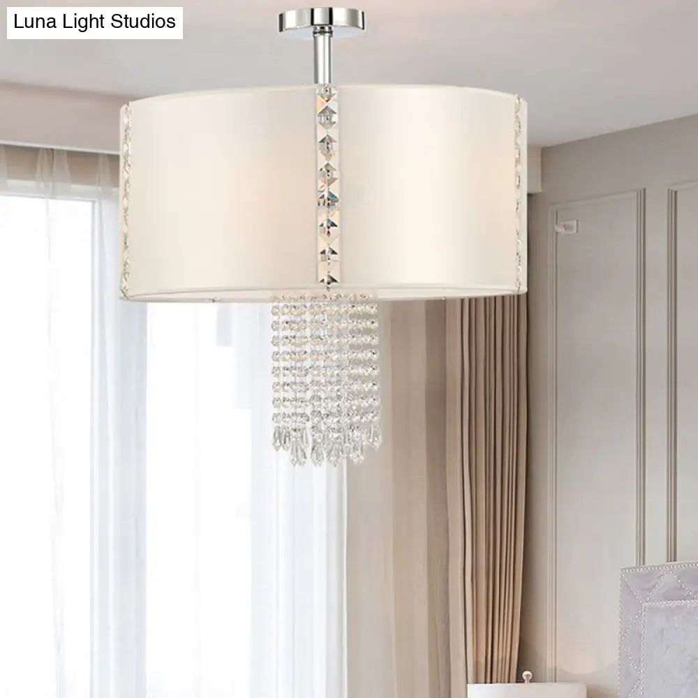 Chrome Modern Drum Ceiling Light With Crystal Bead Accents - 5 Fabric Lights