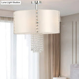 Chrome Modern Drum Ceiling Light With Crystal Bead Accents - 5 Fabric Lights