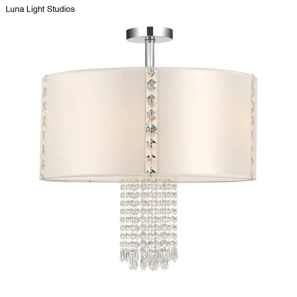 Chrome Modern Drum Ceiling Light With Crystal Bead Accents - 5 Fabric Lights