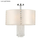 Chrome Modern Drum Ceiling Light With Crystal Bead Accents - 5 Fabric Lights