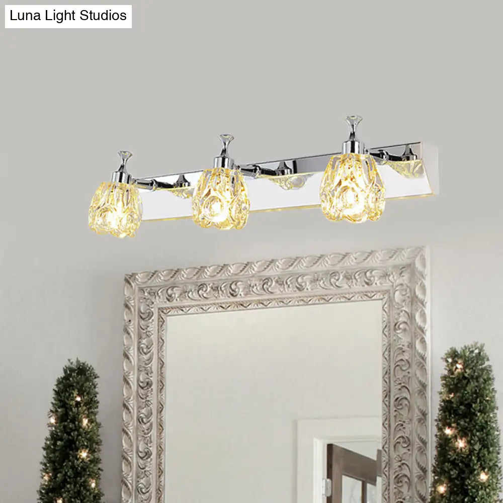 Chrome Vanity Light Fixture With Minimal Crystal Flower Sconce Warm/White