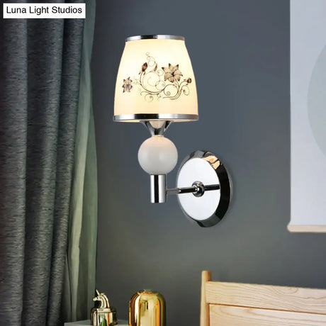 Chrome Wall Lamp - Single-Bulb Pastoral Tapered Sconce Light With White Patterned Glass