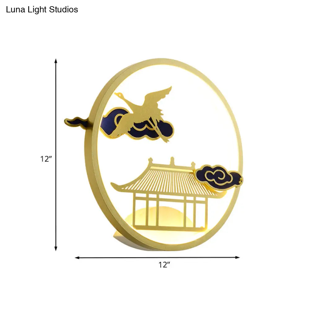 Circular Crane And House Wall Lighting Asia Style Metallic Led Hallway Mural Light In Gold