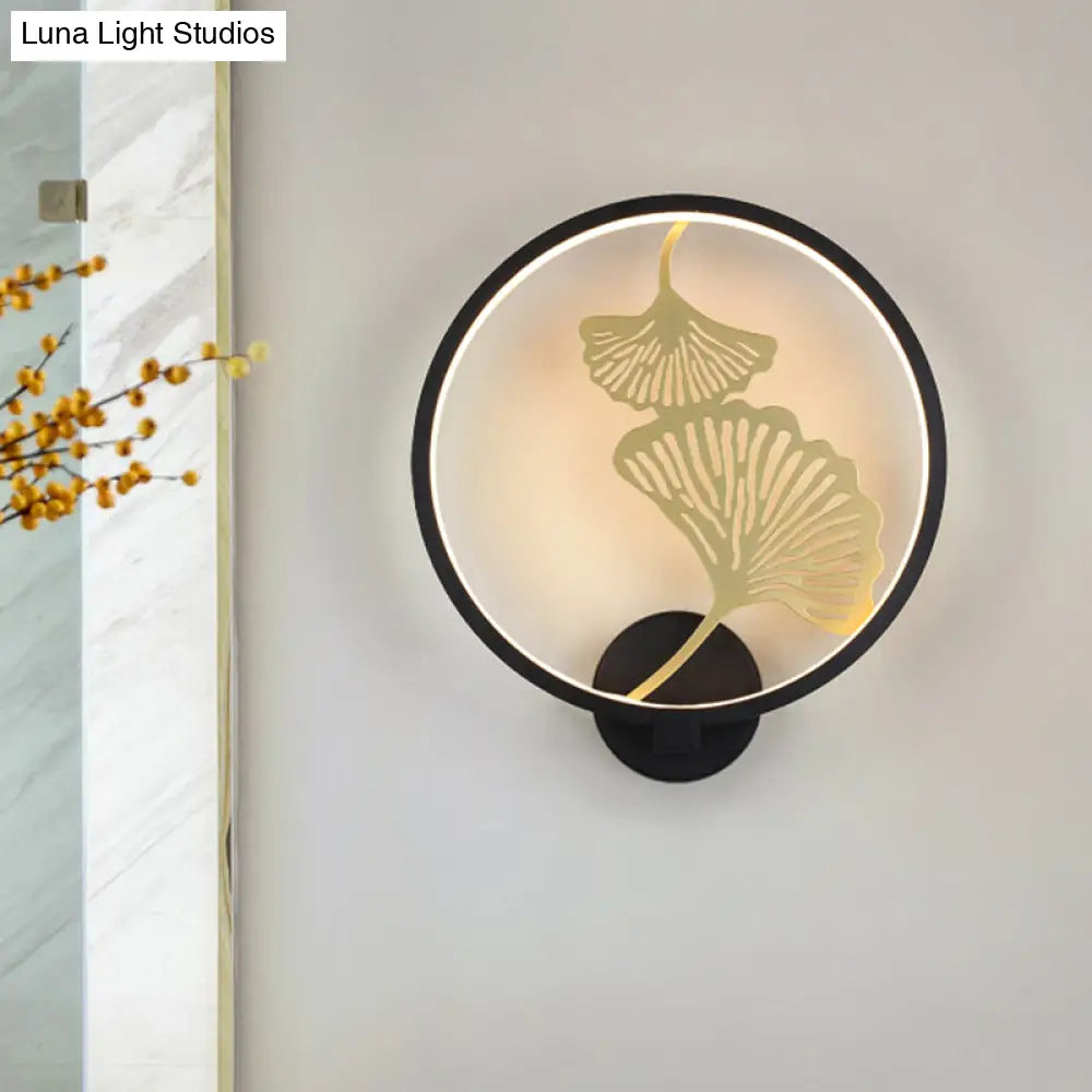 Circular Ginkgo Mural Light: Contemporary Led Metallic Wall Lighting For Living Room (Black/White
