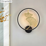 Circular Ginkgo Mural Light: Contemporary Led Metallic Wall Lighting For Living Room (Black/White