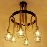 Circular Industrial Restaurant Chandelier With Hemp Rope In Black Iron Finish 6 / A