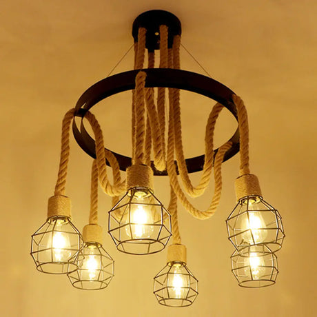 Circular Industrial Restaurant Chandelier With Hemp Rope In Black Iron Finish 6 / A