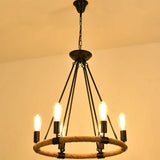 Circular Industrial Restaurant Chandelier With Hemp Rope In Black Iron Finish 6 / D