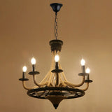 Circular Industrial Restaurant Chandelier With Hemp Rope In Black Iron Finish 6 / F