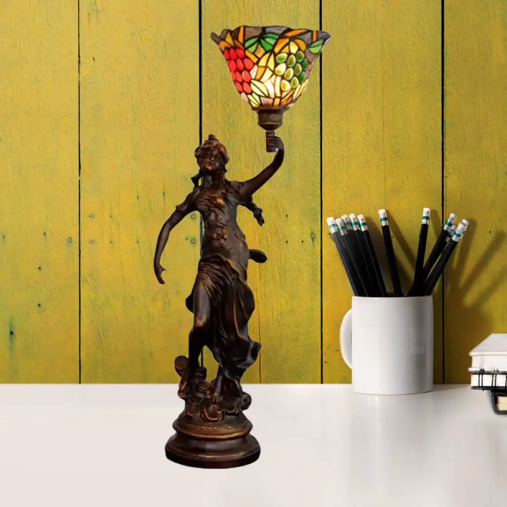 Clara - Tiffany Table Lighting in Bronze with Angel Statue Night Stand Light - Green