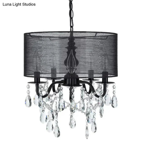 Classic 5-Light Black Round Fabric Pendant Chandelier with Crystal Accent Black
