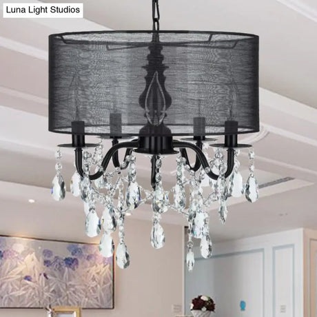 Classic 5-Light Black Round Fabric Pendant Chandelier with Crystal Accent Black