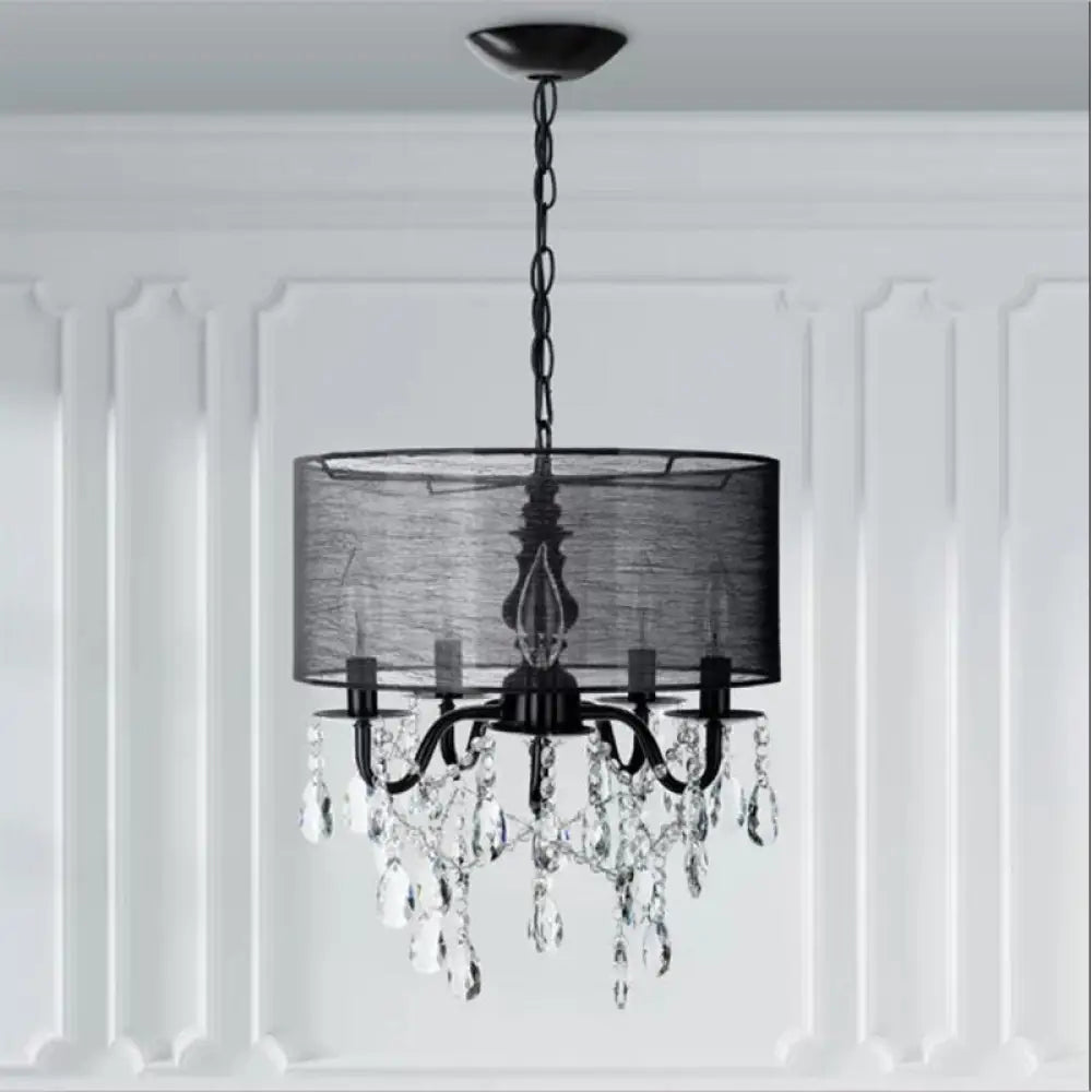 Classic 5-Light Black Round Fabric Pendant Chandelier with Crystal Accent Black