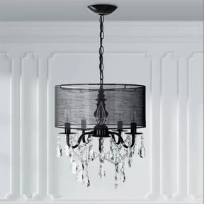 Classic 5-Light Black Round Fabric Pendant Chandelier with Crystal Accent Black