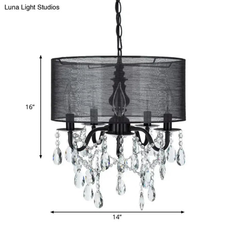 Classic 5-Light Black Round Fabric Pendant Chandelier with Crystal Accent Black