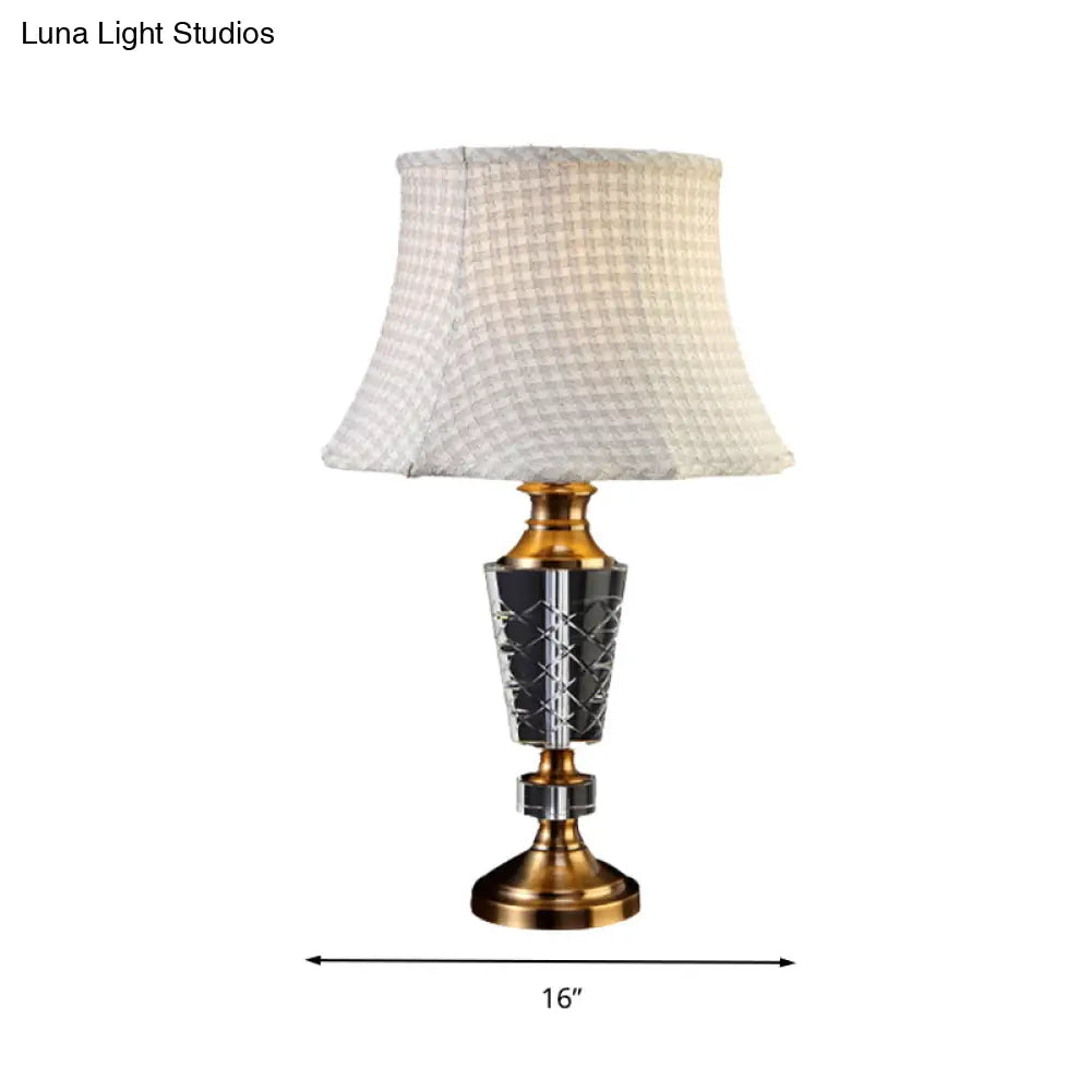 Classic Beige Single Bulb Table Lamp With Fabric Bell Shade And Carved Crystal Base