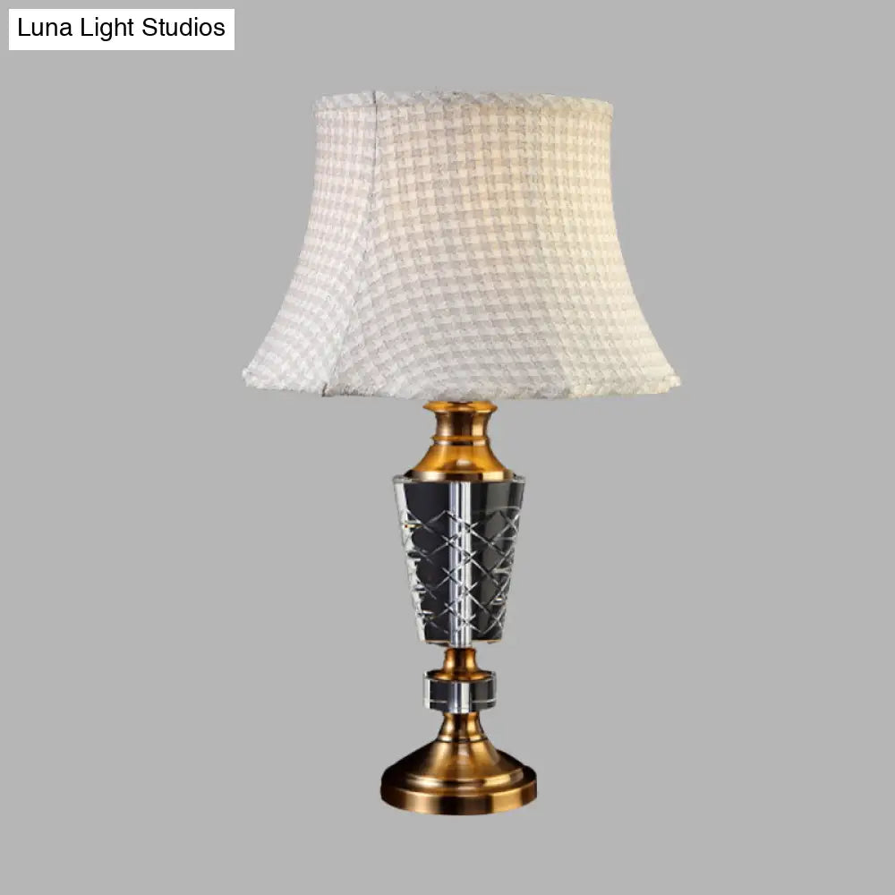 Classic Beige Single Bulb Table Lamp With Fabric Bell Shade And Carved Crystal Base