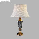 Classic Beige Single Bulb Table Lamp With Fabric Bell Shade And Carved Crystal Base