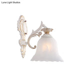 Classic Bell Sconce Light With Carved Arm - White Glass 1/2-Bulb Wall Lighting For Bedroom