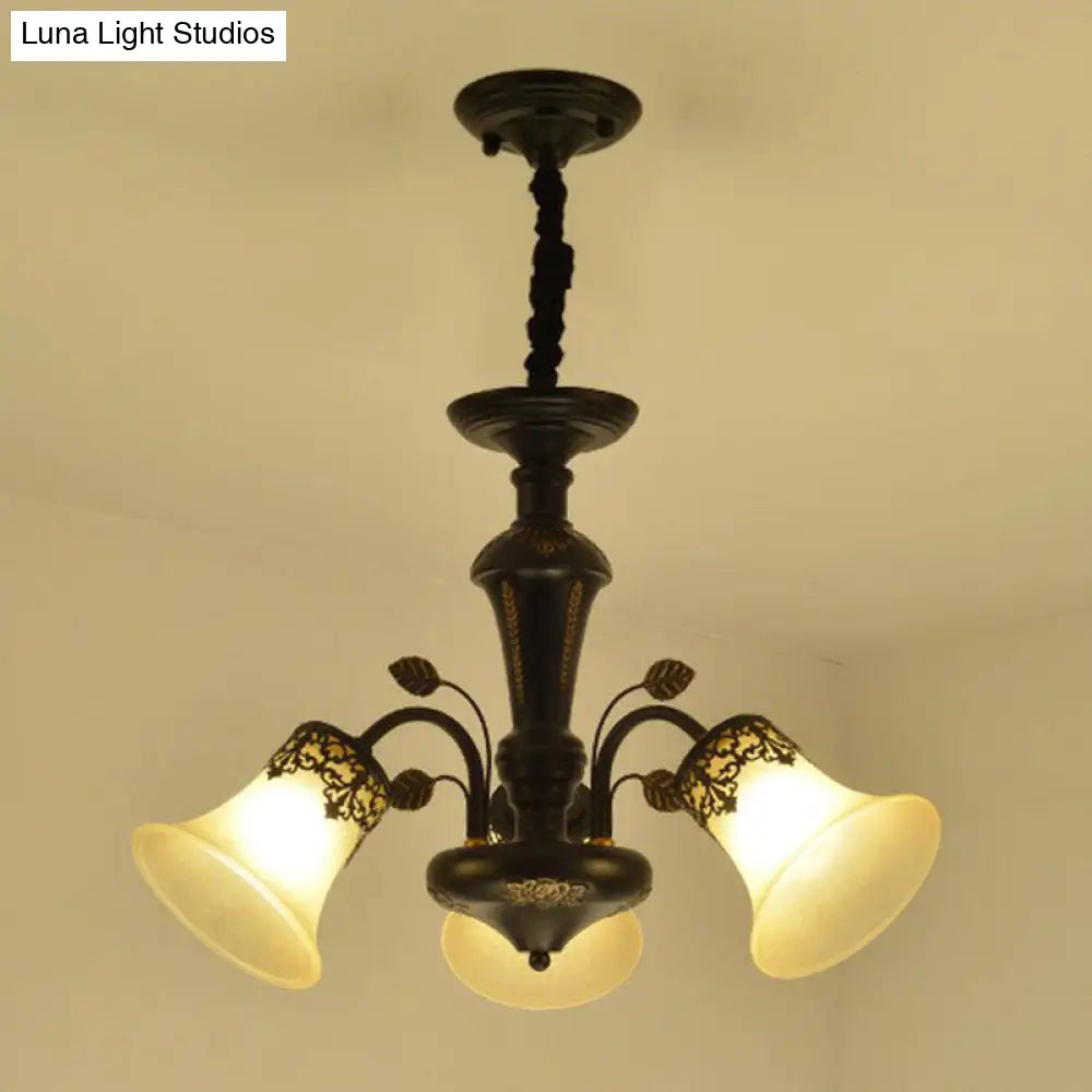 Classic Black Glass Chandelier Light For Living Room - Flared Shade Beige Pendant Ceiling