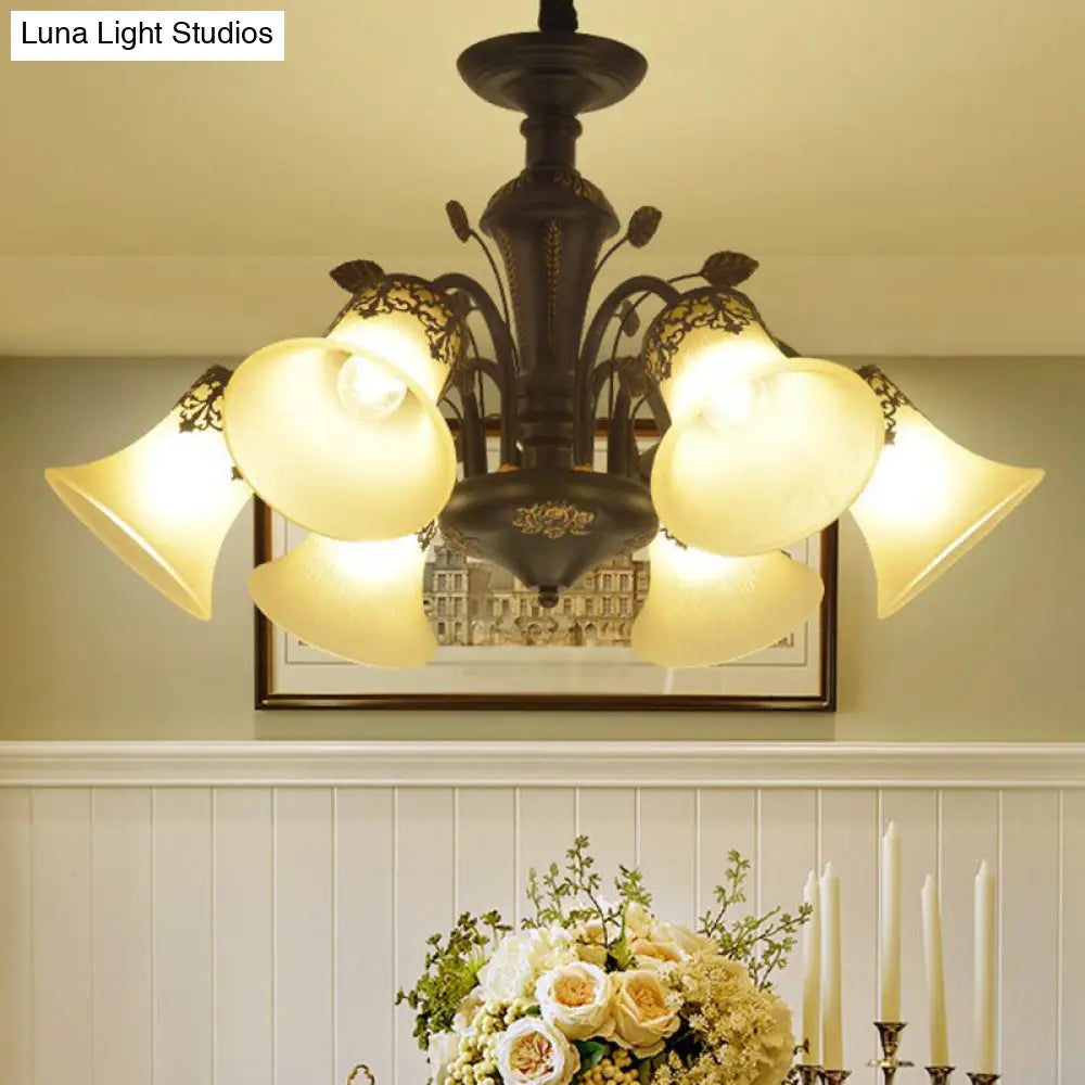 Classic Black Glass Chandelier Light For Living Room - Flared Shade Beige Pendant Ceiling
