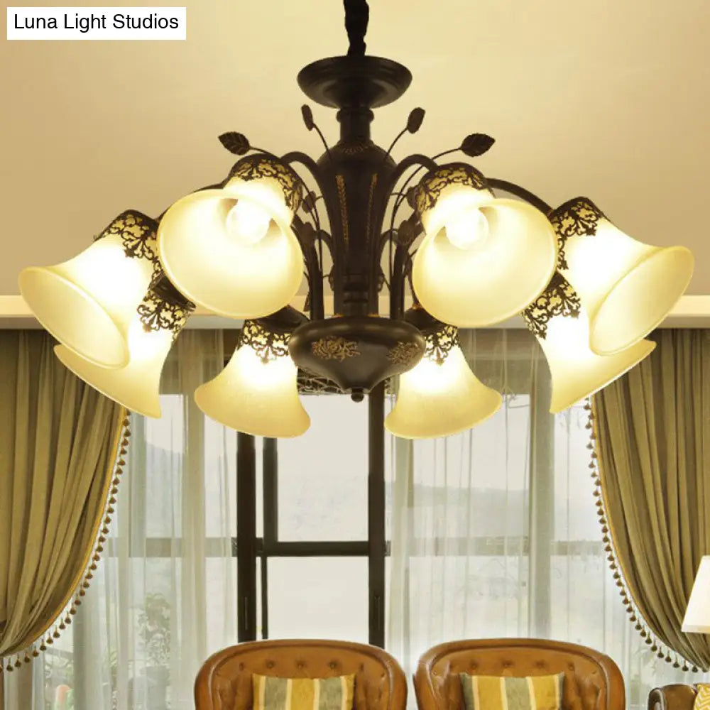 Classic Black Glass Chandelier Light For Living Room - Flared Shade Beige Pendant Ceiling
