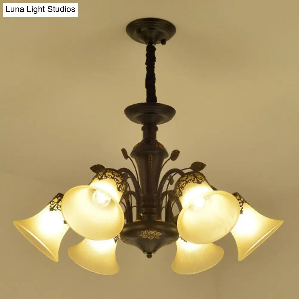 Classic Black Glass Chandelier Light For Living Room - Flared Shade Beige Pendant Ceiling