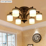 Classic Black Semi Mount Cylinder Ceiling Light Fixture With Twisted Arm - 3/6 Bulbs Tan Glass