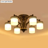 Classic Black Semi Mount Cylinder Ceiling Light Fixture With Twisted Arm - 3/6 Bulbs Tan Glass