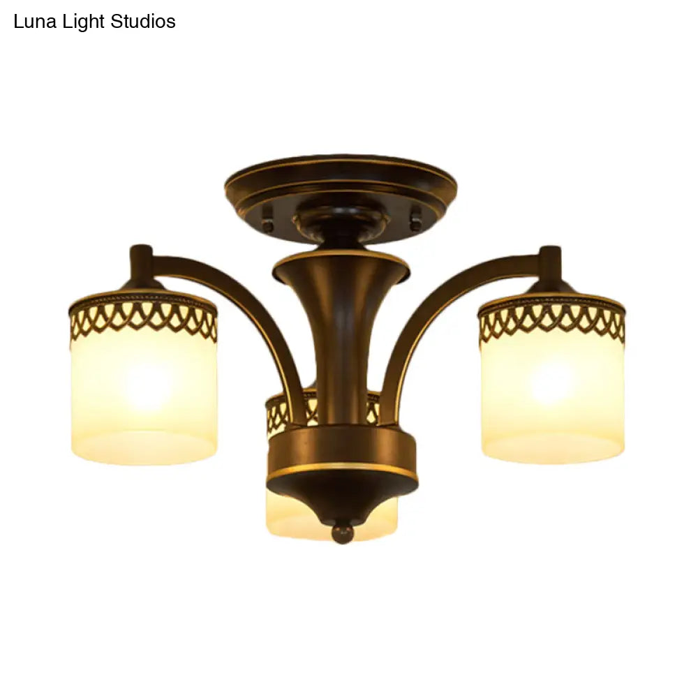 Classic Black Semi Mount Cylinder Ceiling Light Fixture With Twisted Arm - 3/6 Bulbs Tan Glass