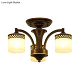 Classic Black Semi Mount Cylinder Ceiling Light Fixture With Twisted Arm - 3/6 Bulbs Tan Glass