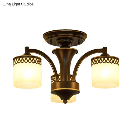 Classic Black Semi Mount Cylinder Ceiling Light Fixture With Twisted Arm - 3/6 Bulbs Tan Glass