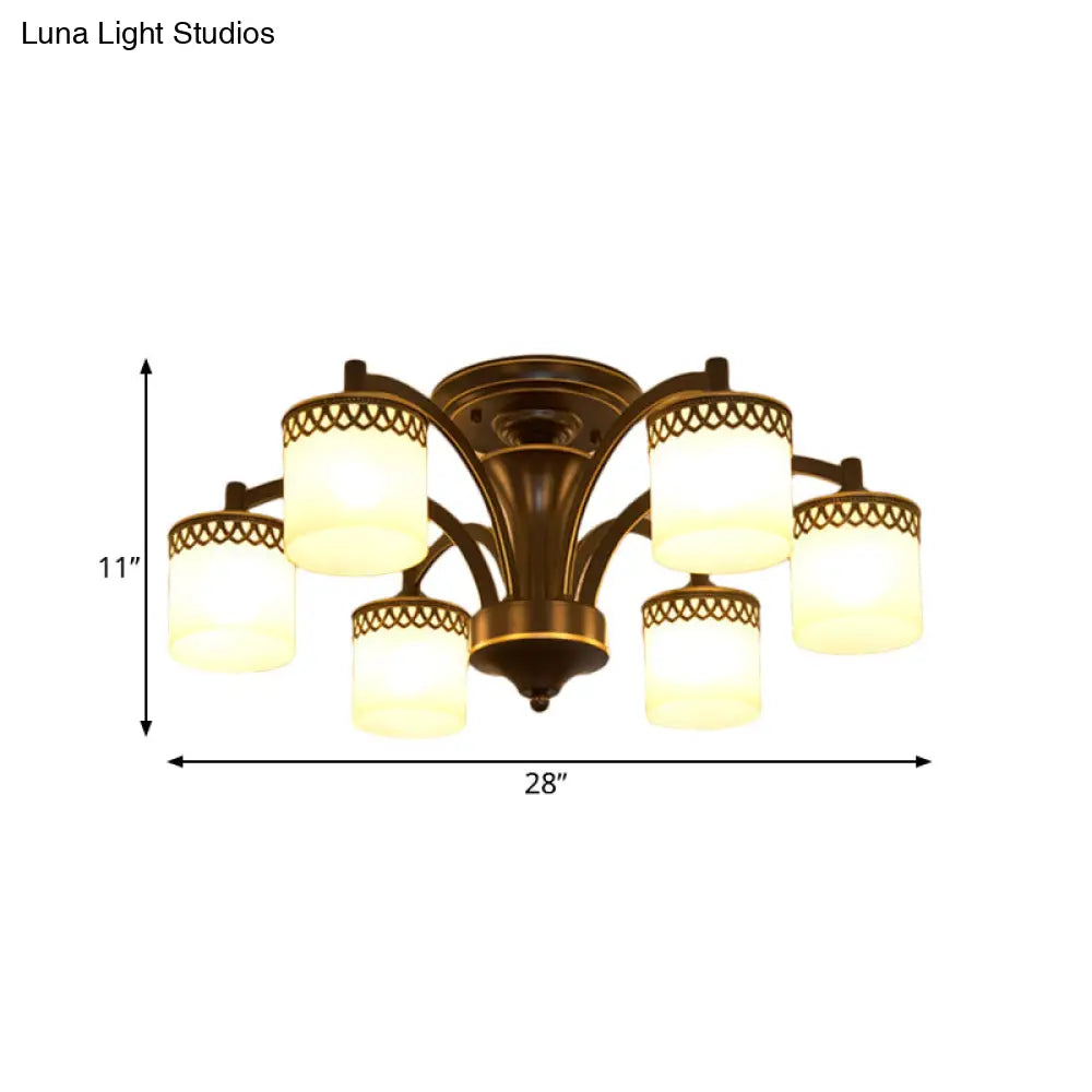 Classic Black Semi Mount Cylinder Ceiling Light Fixture With Twisted Arm - 3/6 Bulbs Tan Glass