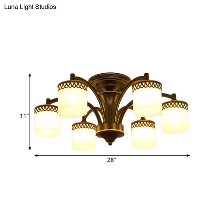Classic Black Semi Mount Cylinder Ceiling Light Fixture With Twisted Arm - 3/6 Bulbs Tan Glass