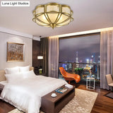 Classic Brass Domed Flush Mount Fixture With Frosted Glass Panel - 3/4/6 Lights For Bedroom