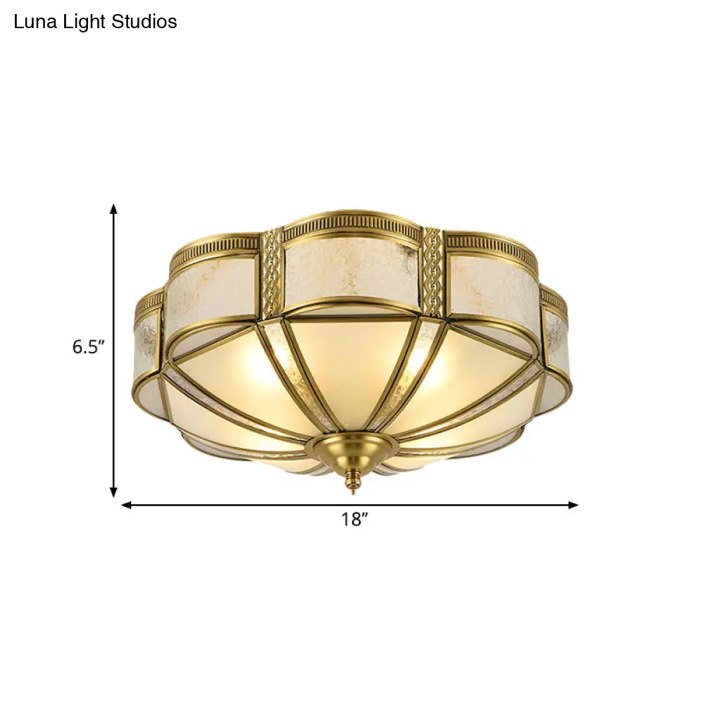 Classic Brass Domed Flush Mount Fixture With Frosted Glass Panel - 3/4/6 Lights For Bedroom