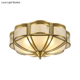 Classic Brass Domed Flush Mount Fixture With Frosted Glass Panel - 3/4/6 Lights For Bedroom