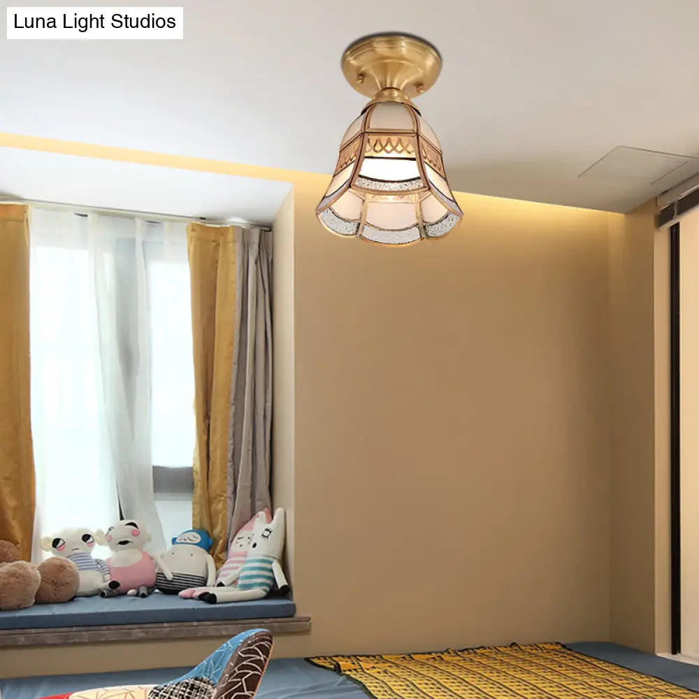 Classic Brass Tapered Flush Mount Light With Frosted Glass - 5’/6.5’ Wide 1-Light Colonial