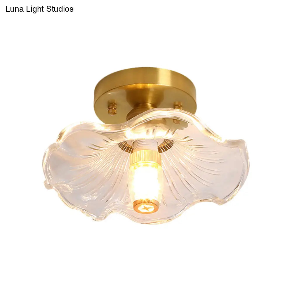 Classic Cone/Lotus Leaf/Floral Clear Glass Ceiling Light In Brass 7.5 - 9’ Wide